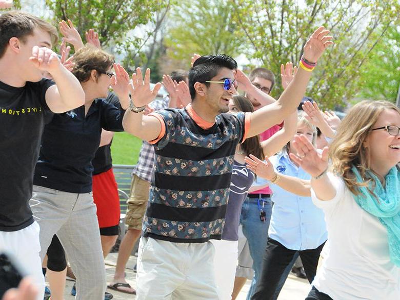 students dancing together in the penn state lehigh valley courtyard